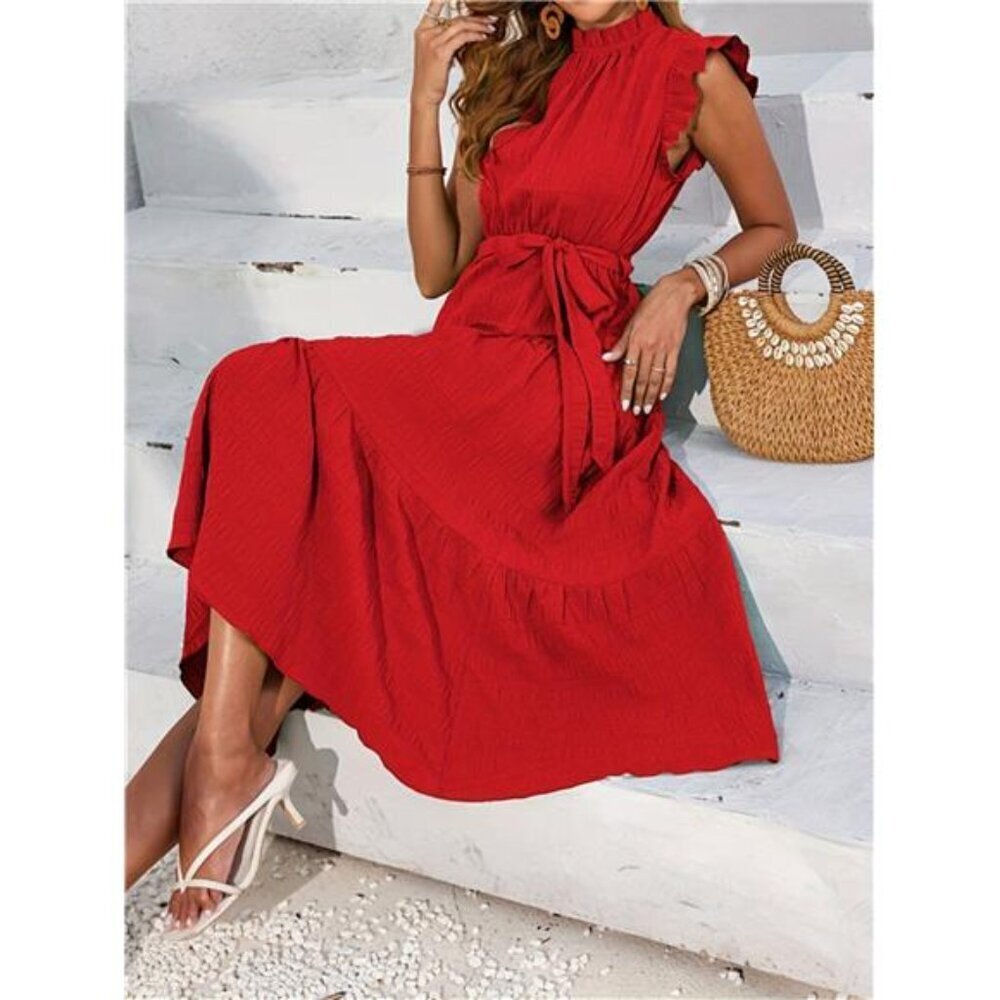 Frill Mock Neck Ruffled Cap Sleeve Midi Dress - Picture 7 of 15